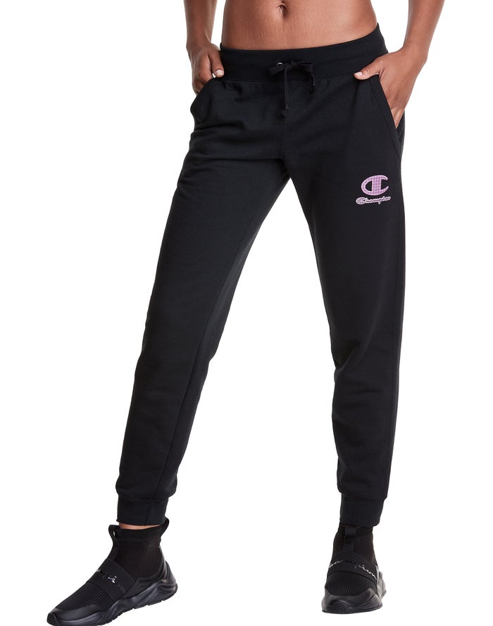 Champion Powerblend Fleece Velvet Houndstooth Embroidered C Logo Joggingbroek Dames - Zwart - Belgie